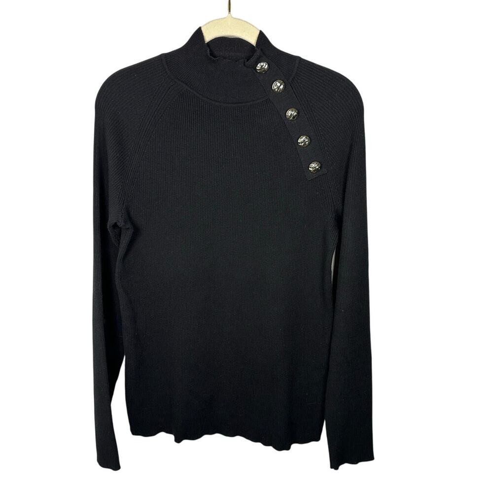 Anne Klein Black Ribbed Button Accent Cowl Neck Sweater Women's Large